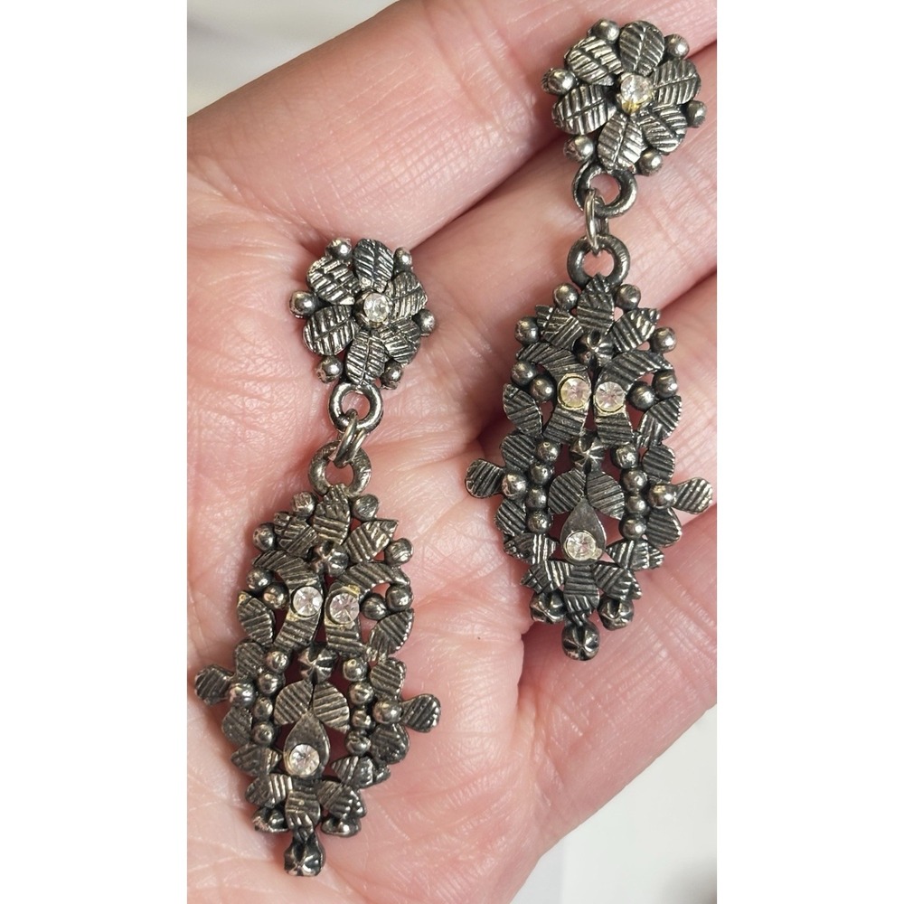 Vintage Y2K Owl Drop Earrings Gunmetal Floral Rhinestone Dangle Pierced